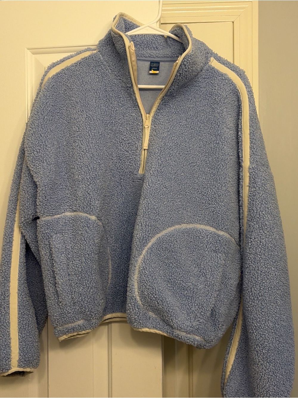 Cozy Light Blue Sherpa Half-Zip Pullover with Cream Trim
